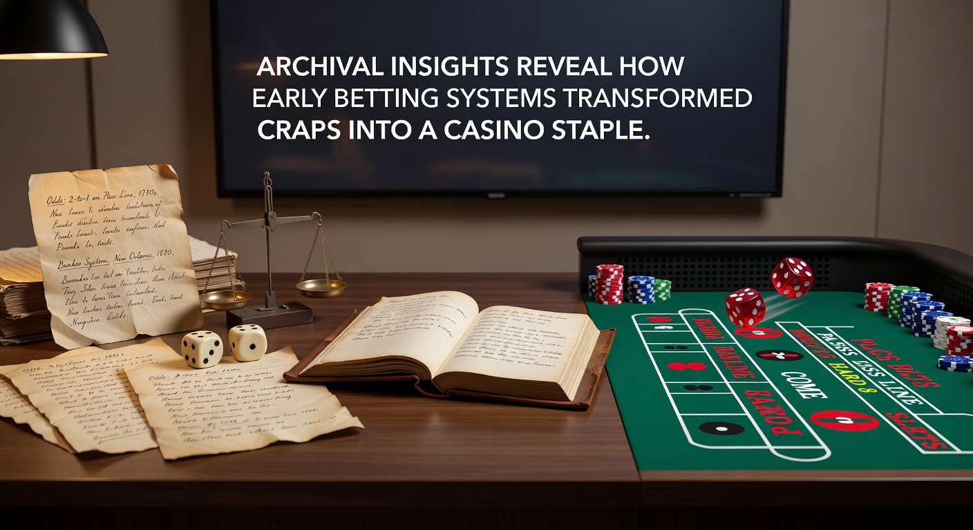 Historical documents and dice showing early craps betting layouts from 19th century archives