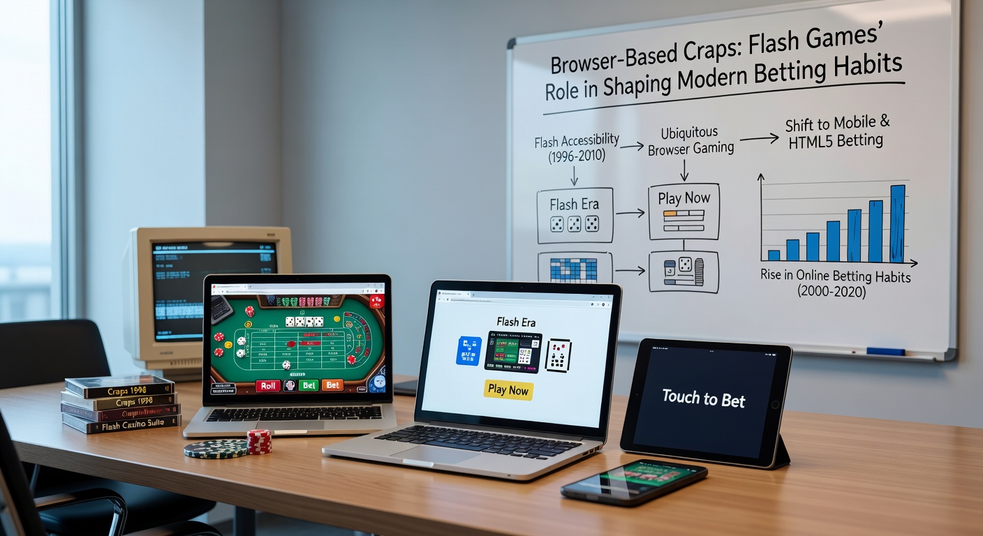 Modern browser craps interface evolved from Flash, showing HTML5 dice animation on a responsive mobile screen with bet history sidebar