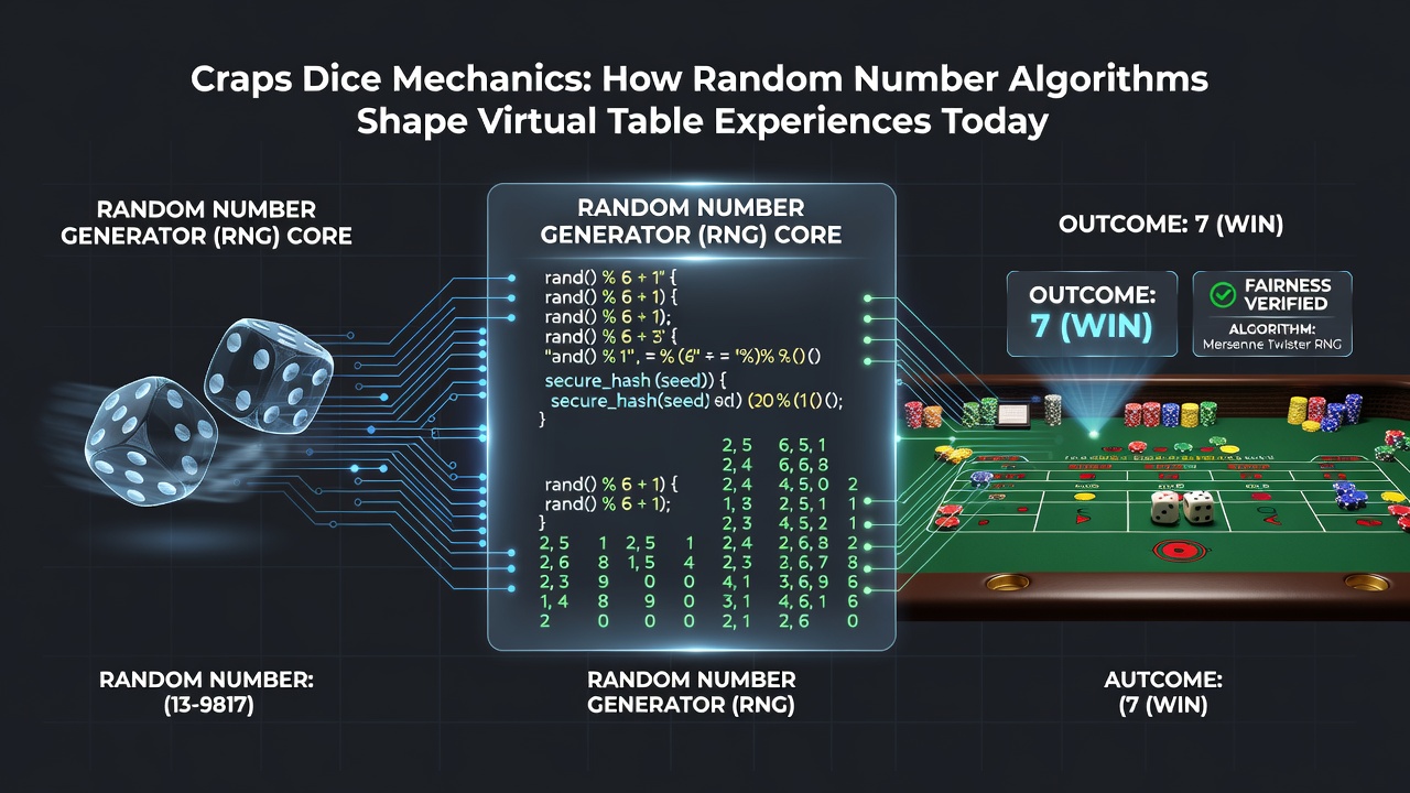 Close-up view of certified RNG testing equipment and statistical analysis reports used for virtual dice validation