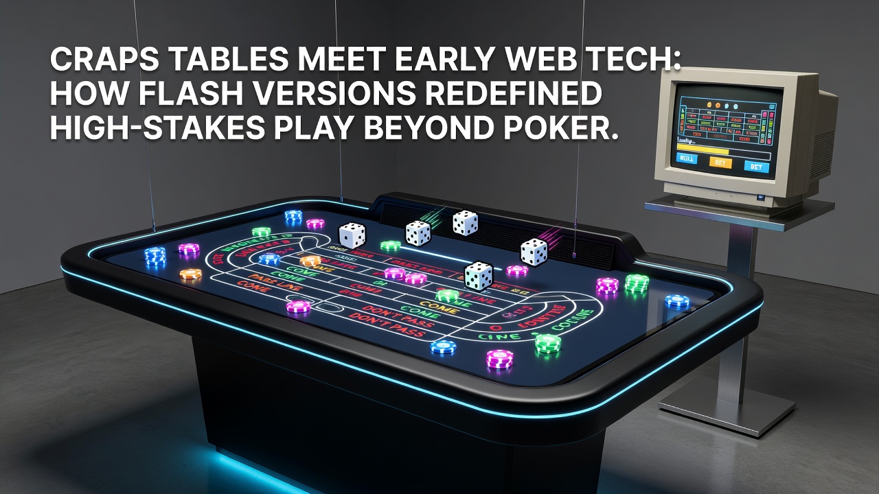 Split-screen view comparing a physical craps table with an early Flash online version side by side