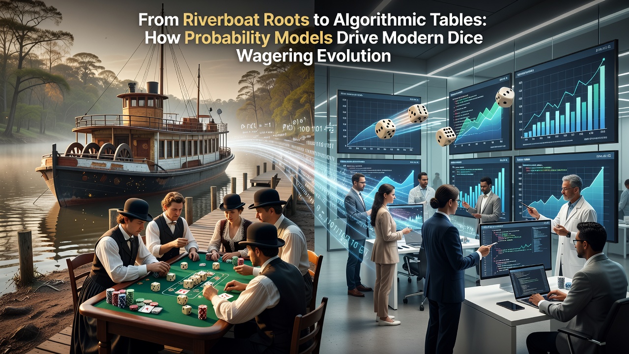 Historical riverboat dice game scene transitioning into modern digital craps interface