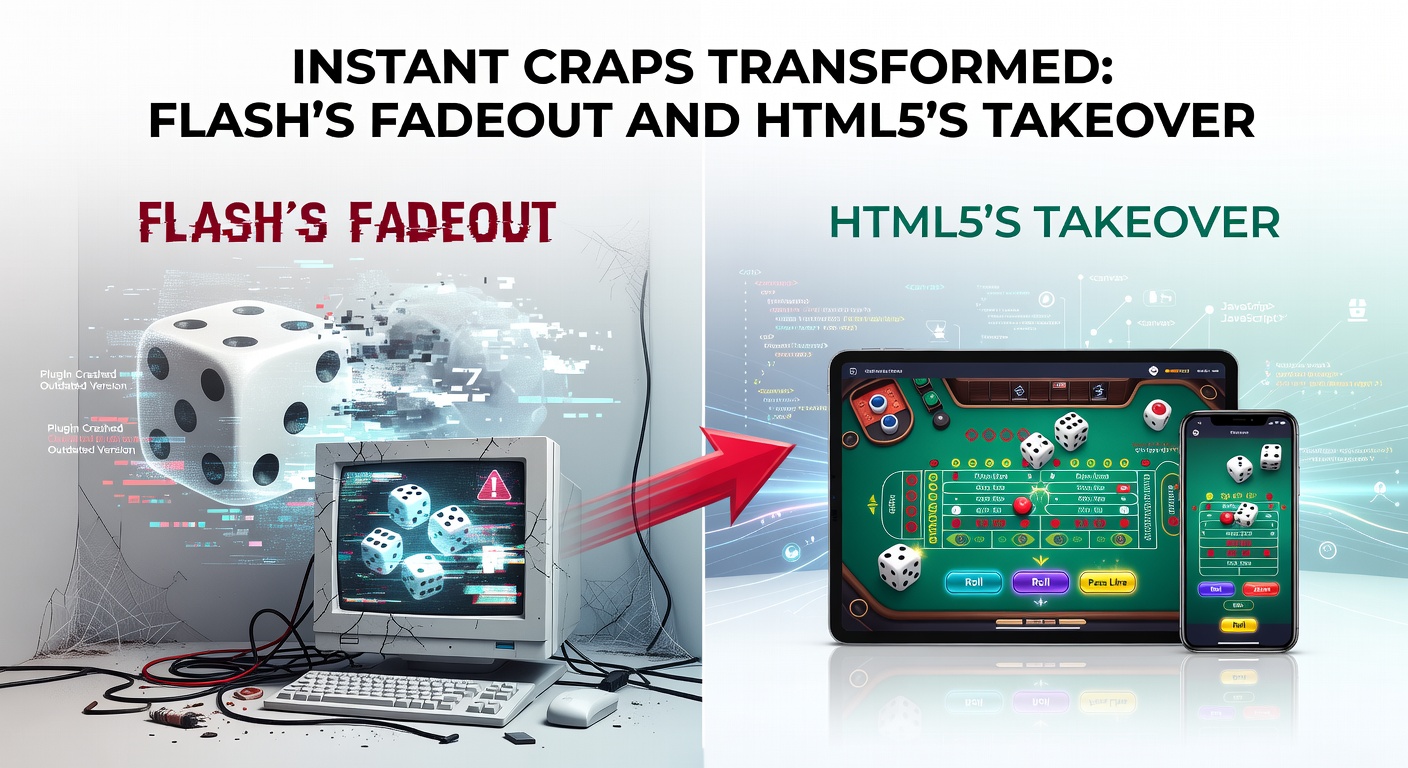 Split-screen comparison of outdated Flash craps game glitching on desktop versus sleek HTML5 version thriving on mobile, highlighting improved graphics and responsiveness
