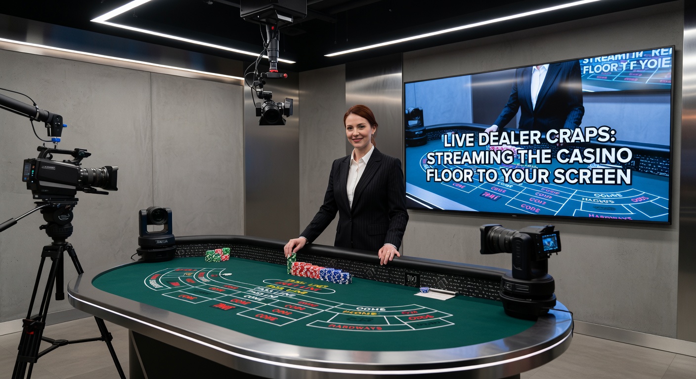 A live dealer at a craps table in a bustling casino, dice mid-roll under bright lights, with multiple camera angles capturing the action for online streaming