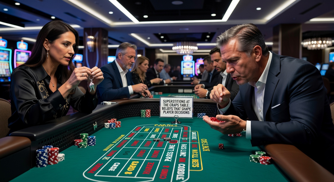 Close-up view of dice and betting layout at a craps table during active play