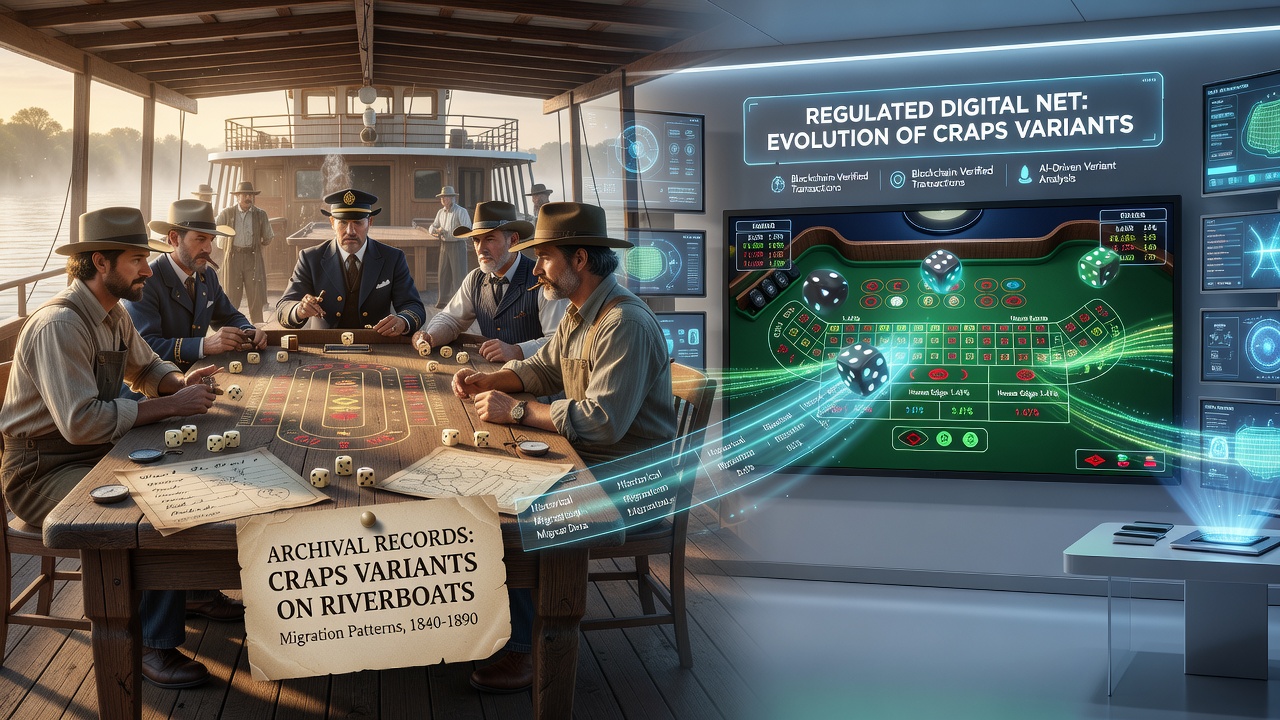Digital interface mockup next to scanned riverboat casino records showing rule evolution